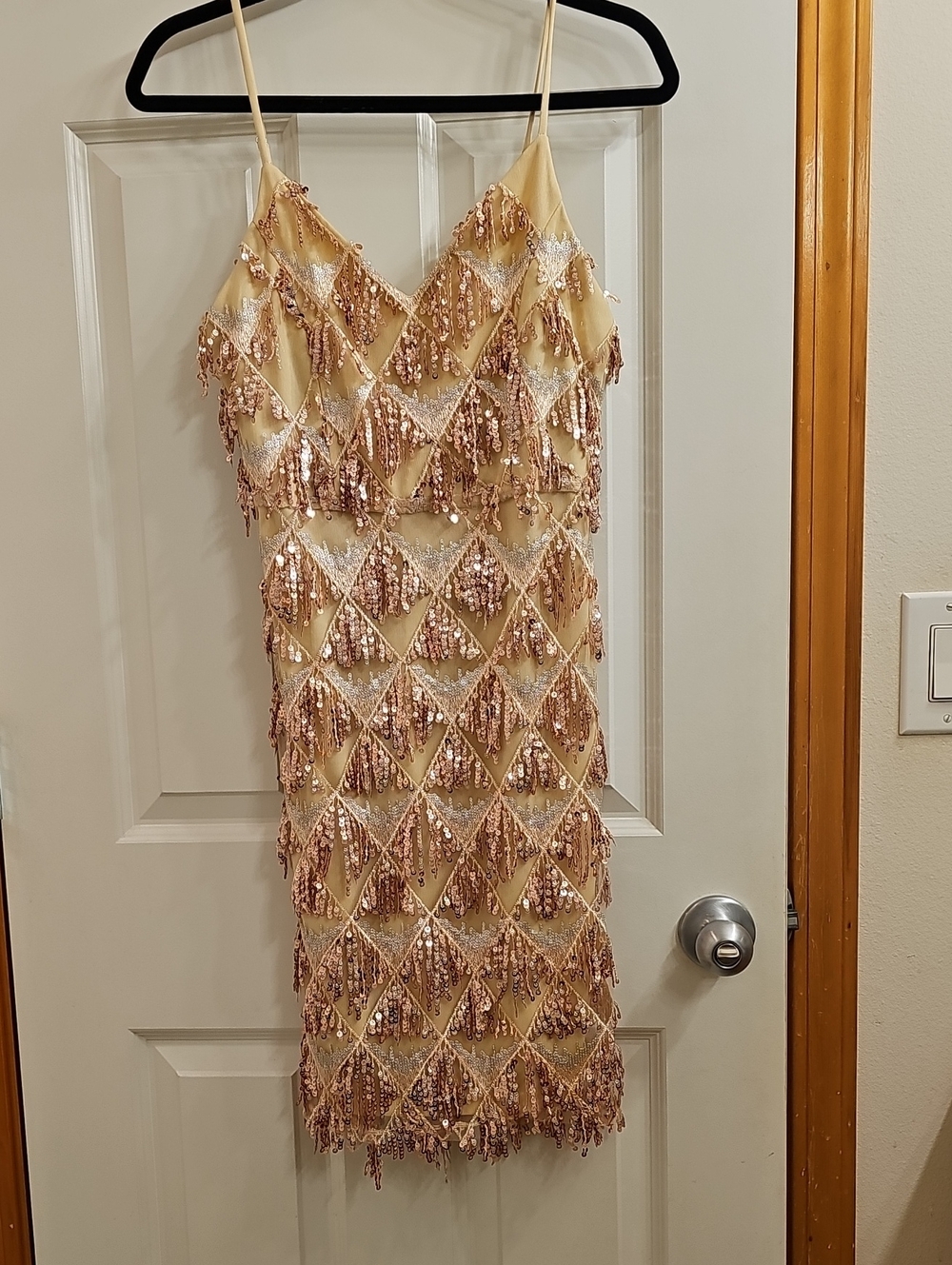 Beaded Fringe V-Neck Spaghetti Strap Flapper Dress in Champagne Pink